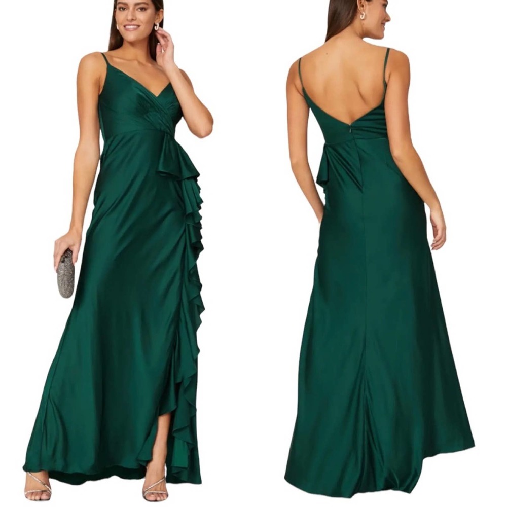 Mac Duggal Long Dress Satin Ruffled Gown Green 0